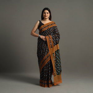 Black - Mercerised Cotton Pochampally Ikat Saree 12