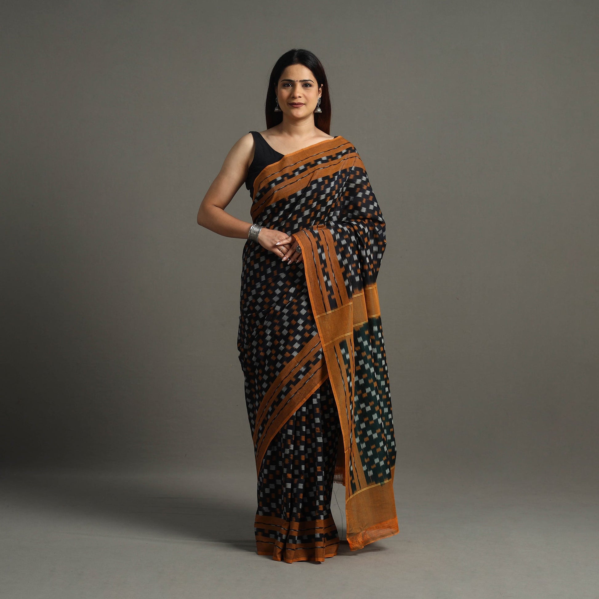 Black - Mercerised Cotton Pochampally Ikat Saree 12