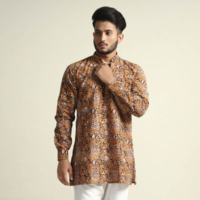 Brown - Mustard Yellow - with Gulbahar Jaal Bagru Block Printed Cotton Men Short Kurta