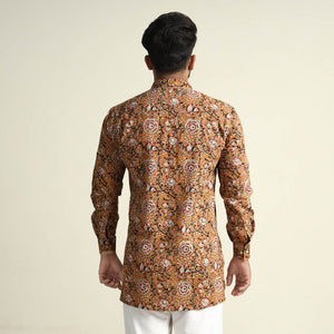 Brown - Mustard Yellow - with Gulbahar Jaal Bagru Block Printed Cotton Men Short Kurta