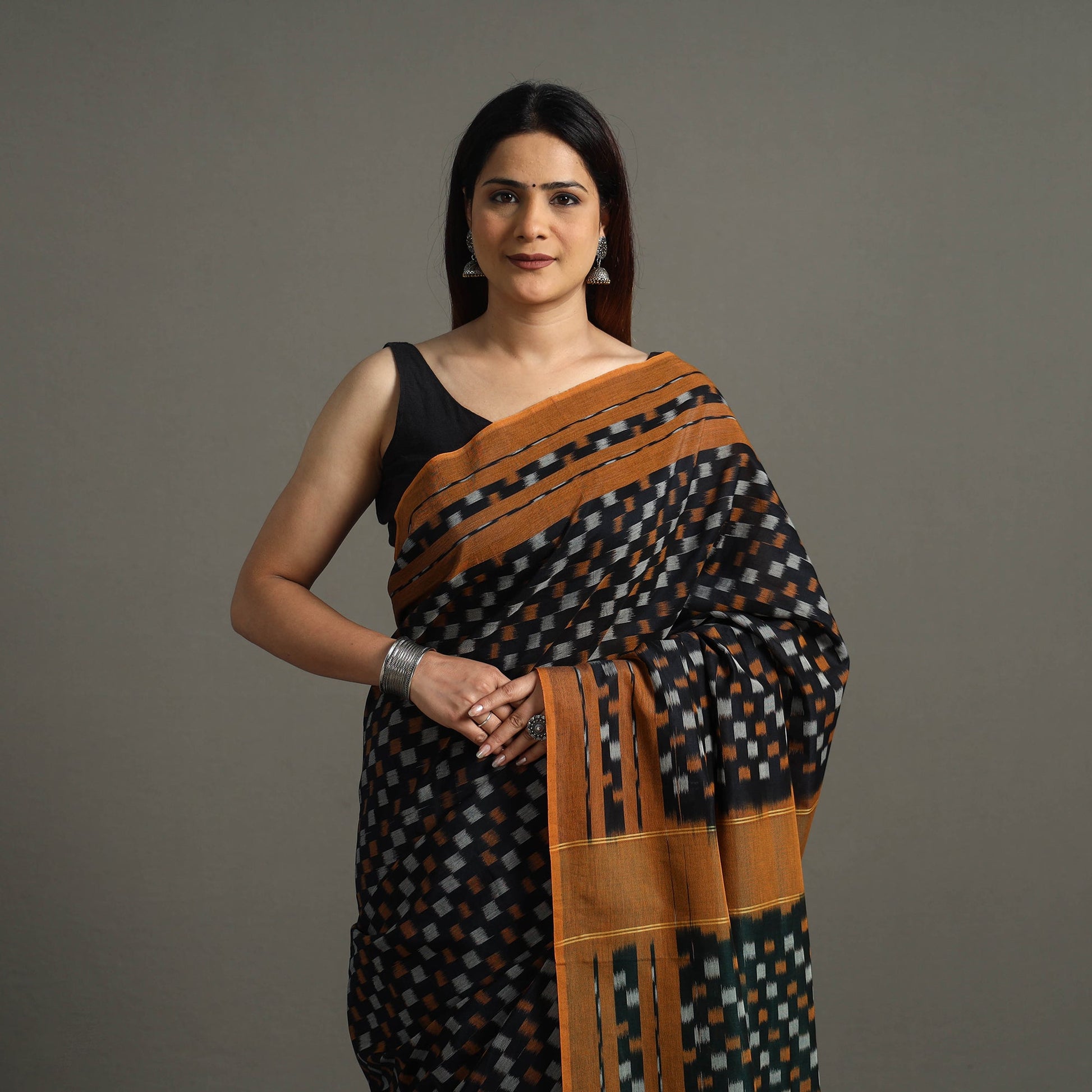 Black - Mercerised Cotton Pochampally Ikat Saree 12