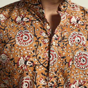 Brown - Mustard Yellow - with Gulbahar Jaal Bagru Block Printed Cotton Men Short Kurta