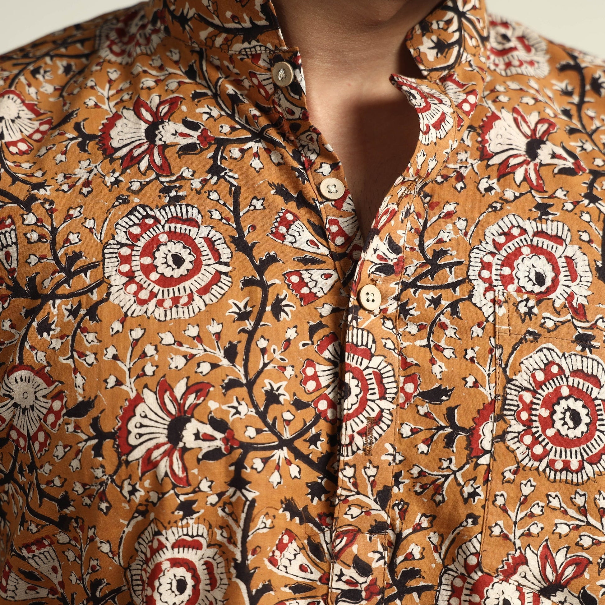 Brown - Mustard Yellow - with Gulbahar Jaal Bagru Block Printed Cotton Men Short Kurta
