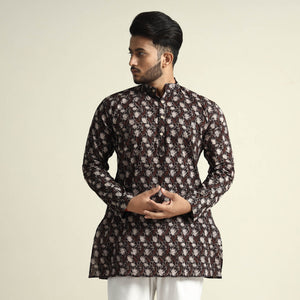 Black with Lianas Jaal - Bagru Block Printed Cotton Men Short Kurta