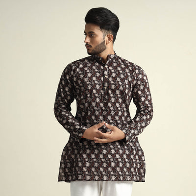 Black with Lianas Jaal - Bagru Block Printed Cotton Men Short Kurta