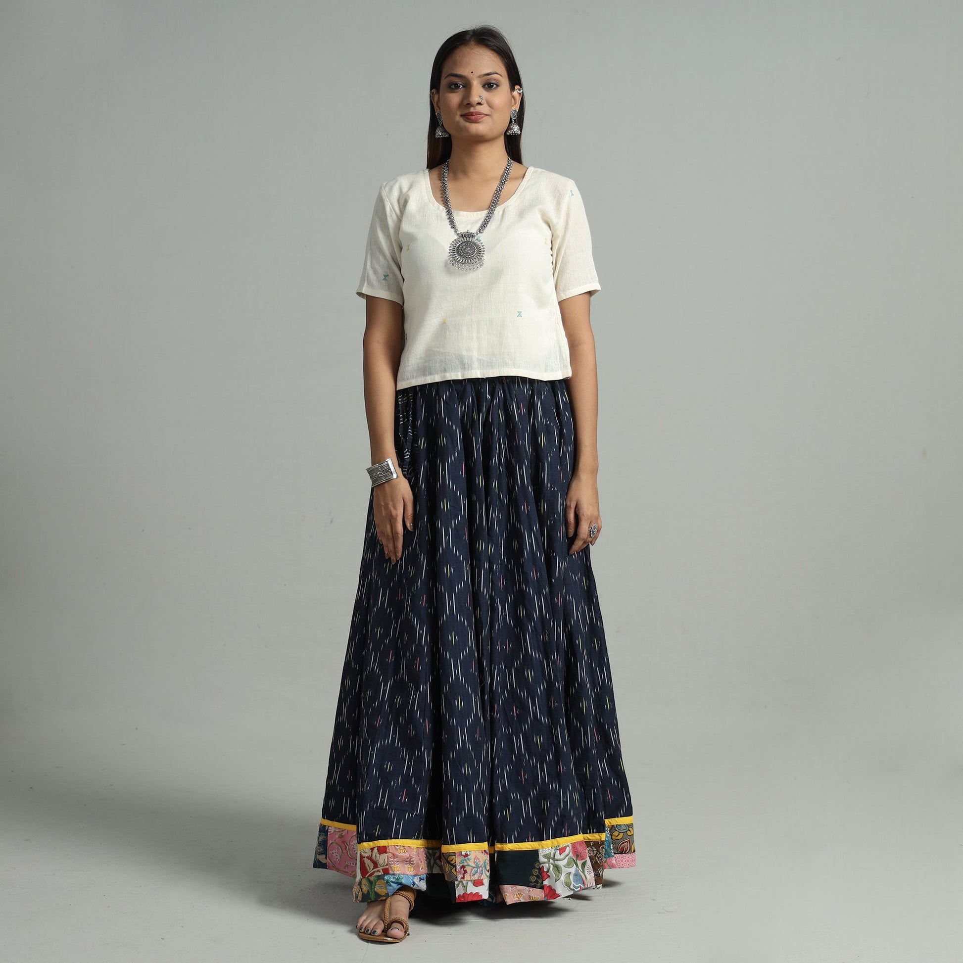 Blue - 24 Kali Cotton Pochampally Ikat Skirt 02