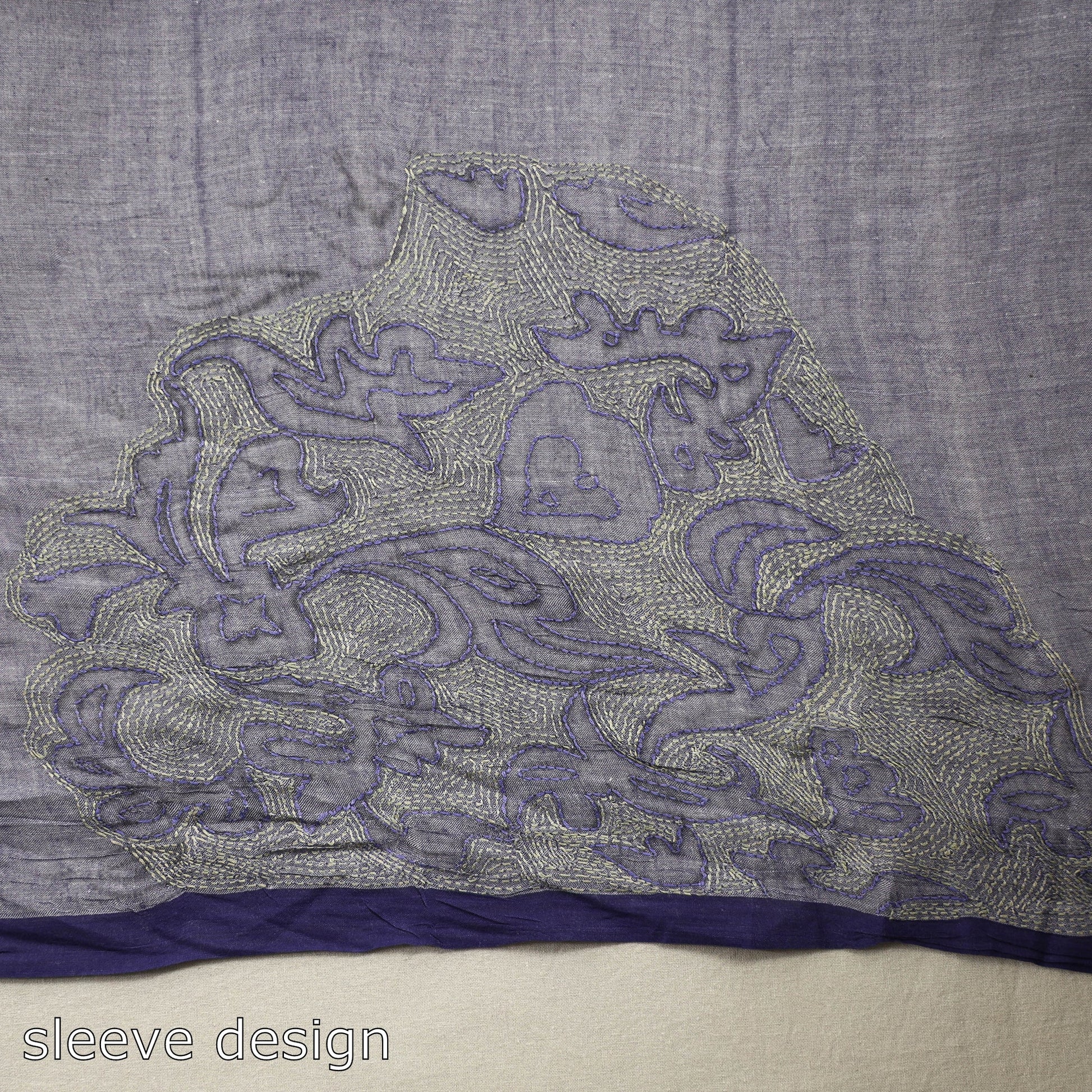 Blue - Bengal Kantha Hand Embroidery Handloom Cotton Saree with Tassels 18