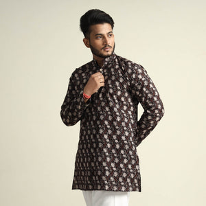 Black with Lianas Jaal - Bagru Block Printed Cotton Men Short Kurta