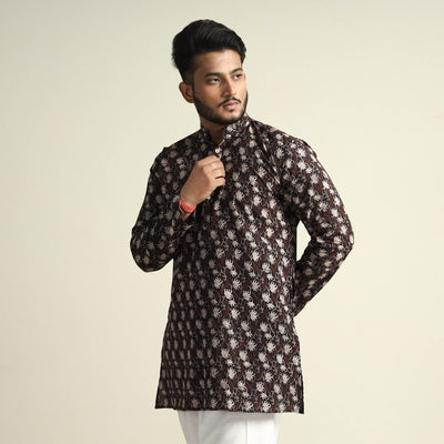 Black with Lianas Jaal - Bagru Block Printed Cotton Men Short Kurta