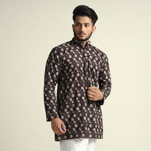 Black with Lianas Jaal - Bagru Block Printed Cotton Men Short Kurta