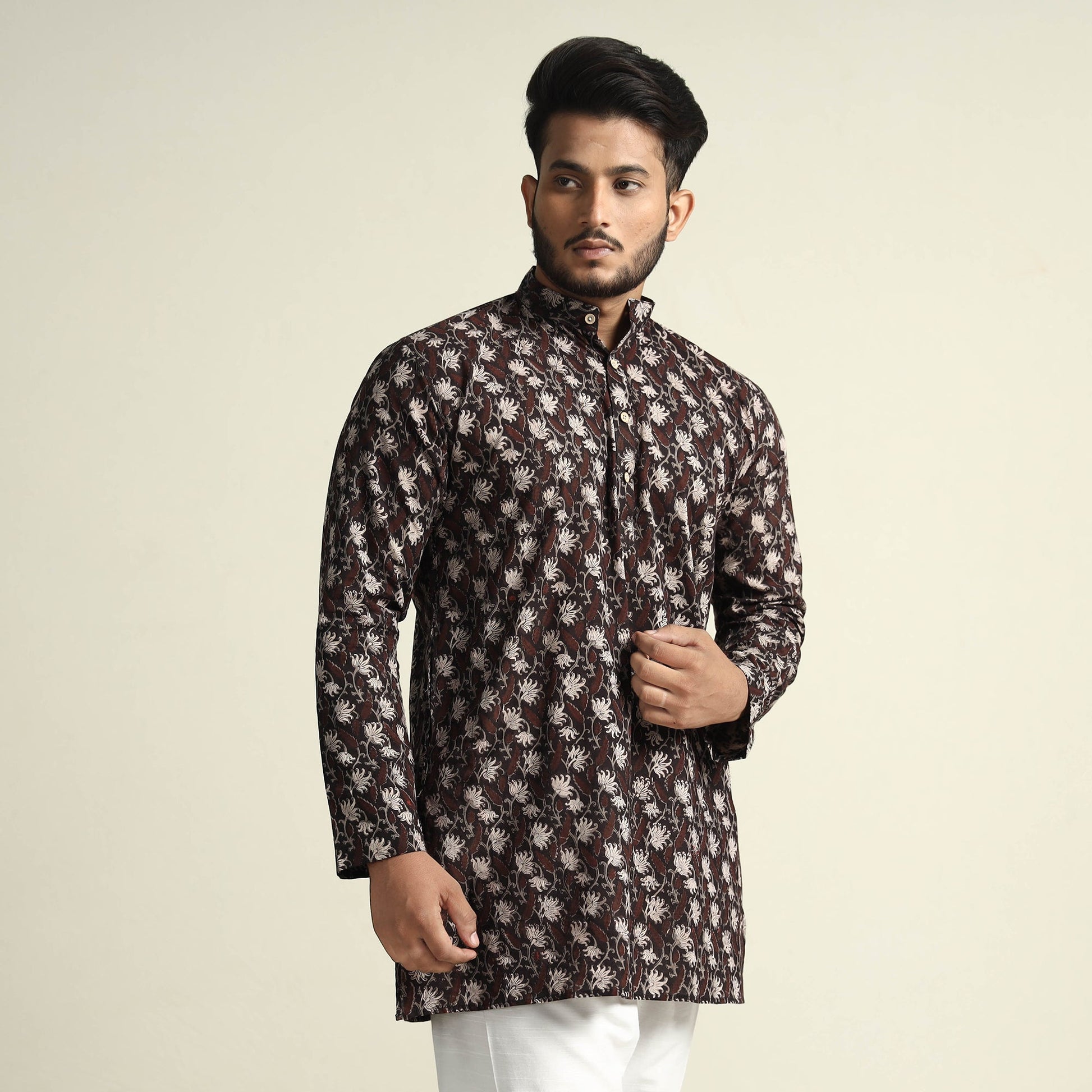 Black with Lianas Jaal - Bagru Block Printed Cotton Men Short Kurta
