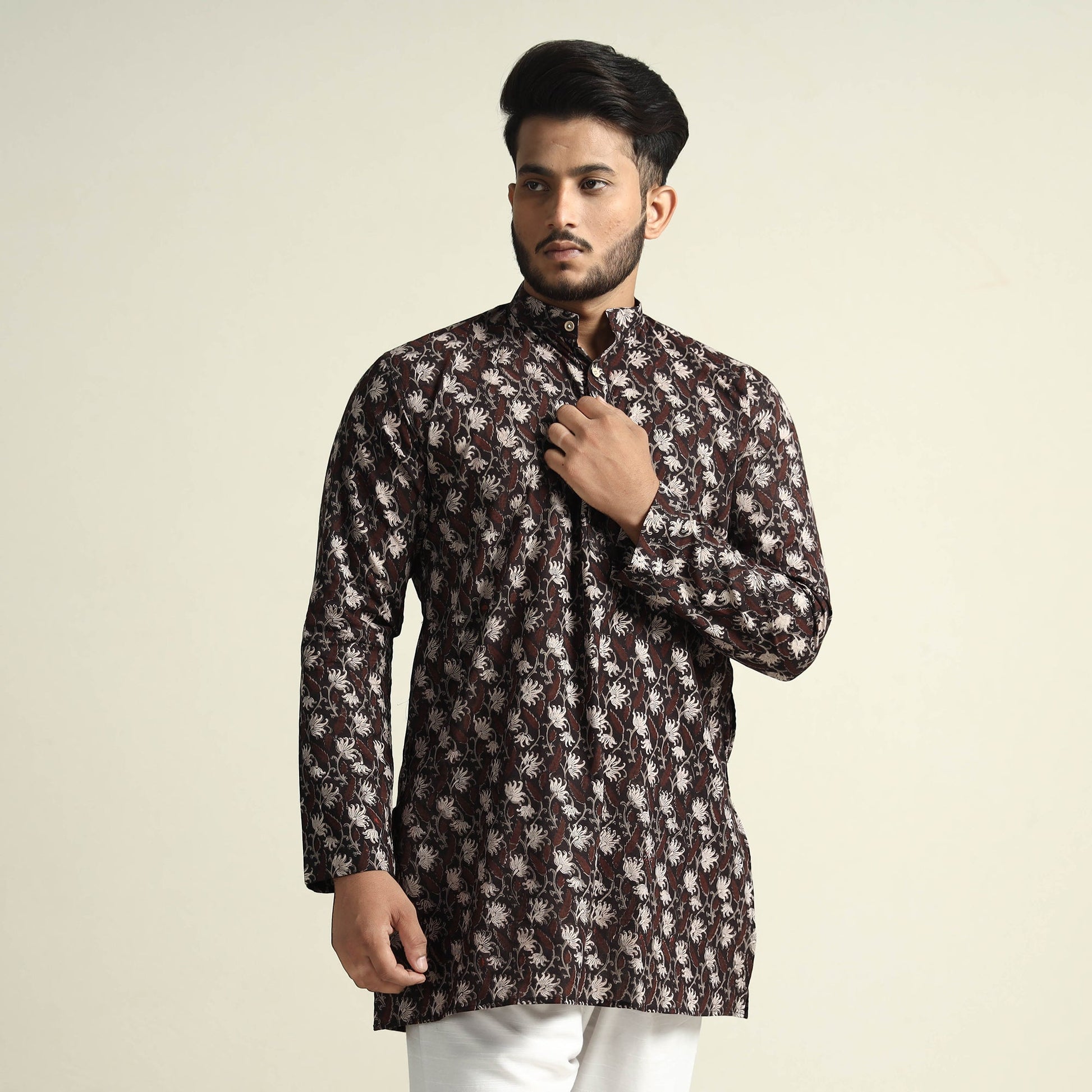Black with Lianas Jaal - Bagru Block Printed Cotton Men Short Kurta