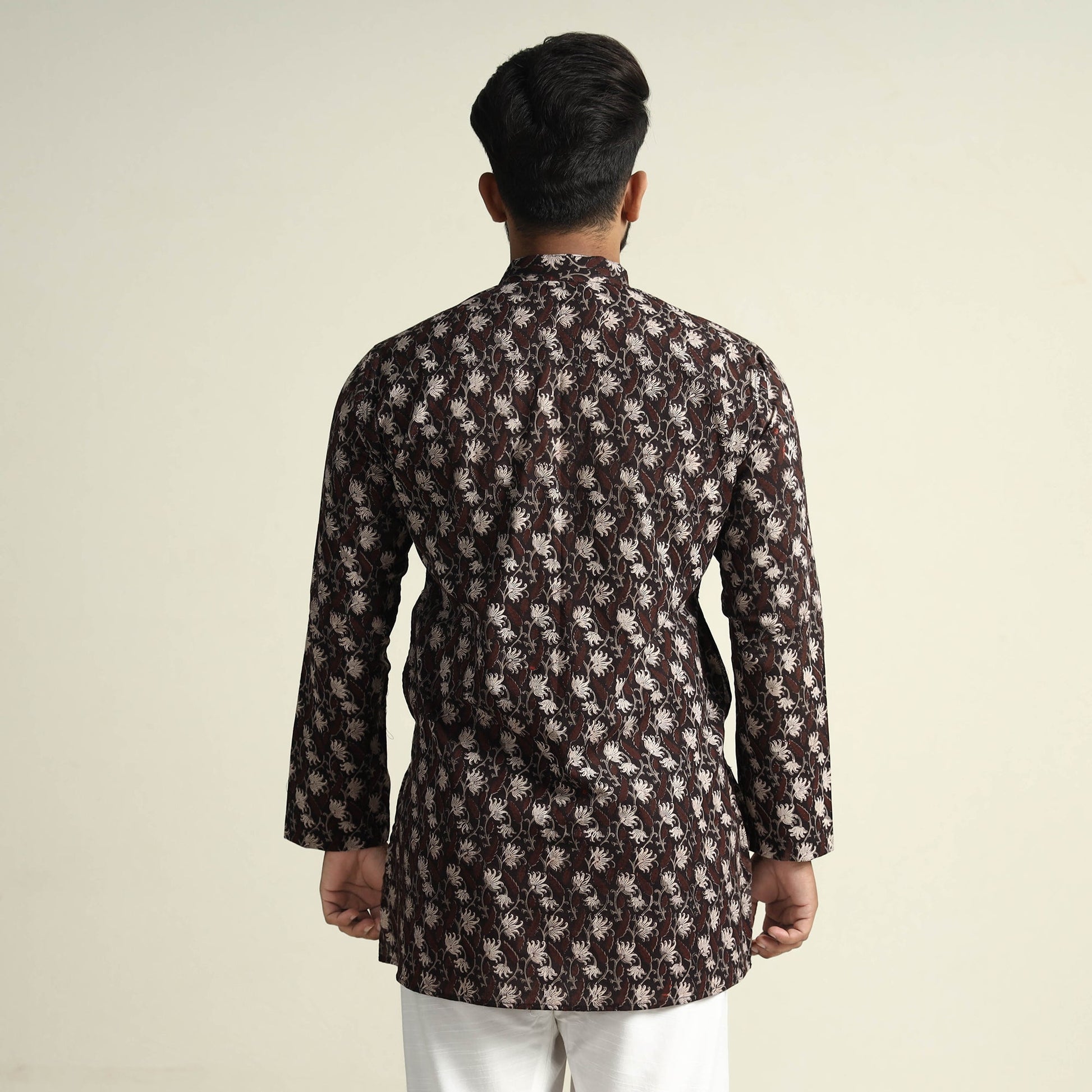 Black with Lianas Jaal - Bagru Block Printed Cotton Men Short Kurta