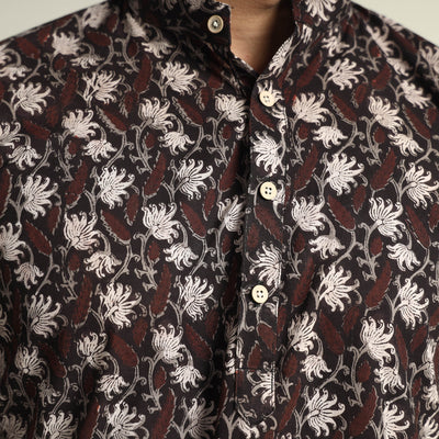 Black with Lianas Jaal - Bagru Block Printed Cotton Men Short Kurta