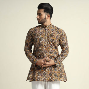 Brown - Bagru Block Printed Cotton Men Short Kurta