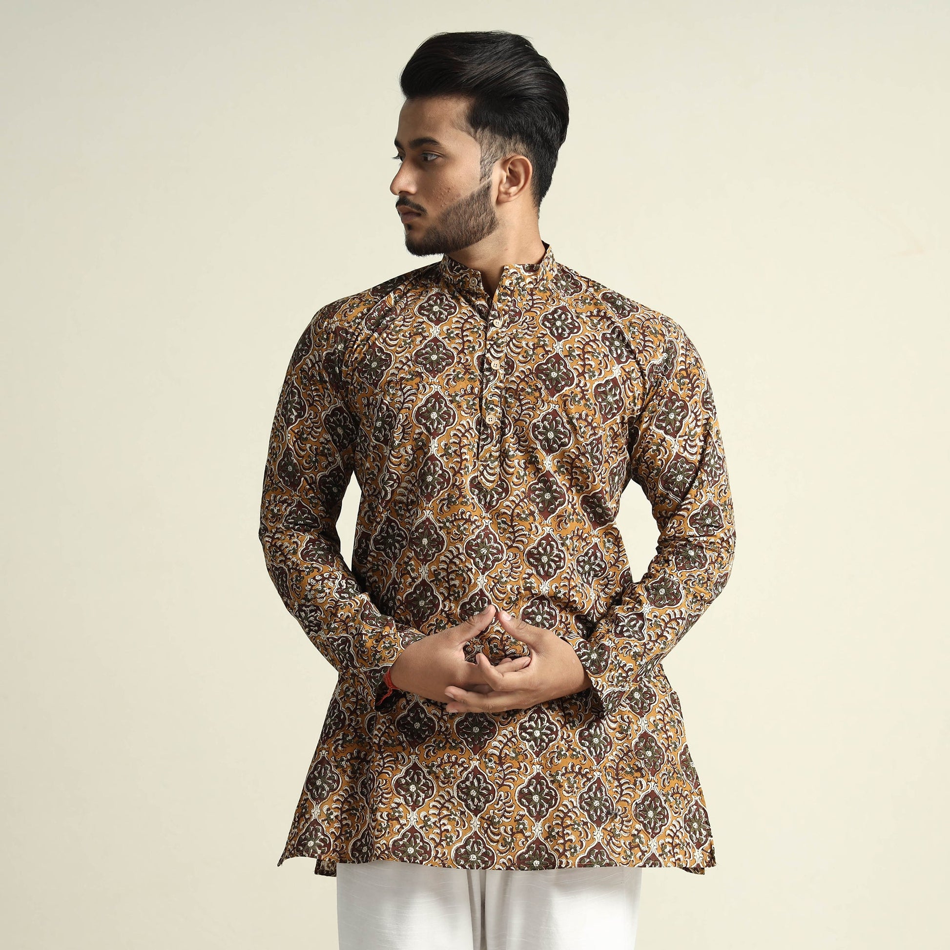 Brown - Bagru Block Printed Cotton Men Short Kurta