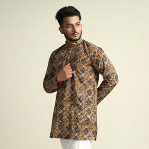 Brown - Bagru Block Printed Cotton Men Short Kurta