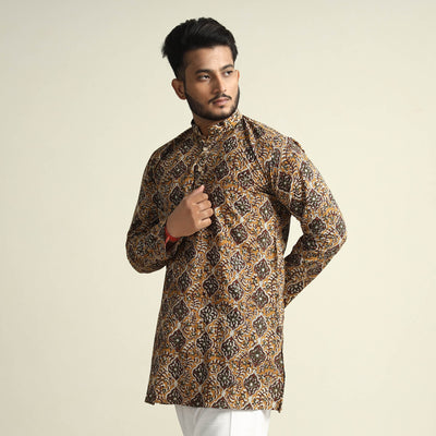 Brown - Bagru Block Printed Cotton Men Short Kurta