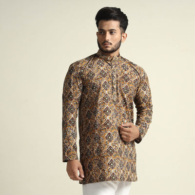Brown - Bagru Block Printed Cotton Men Short Kurta