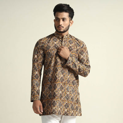 Brown - Bagru Block Printed Cotton Men Short Kurta