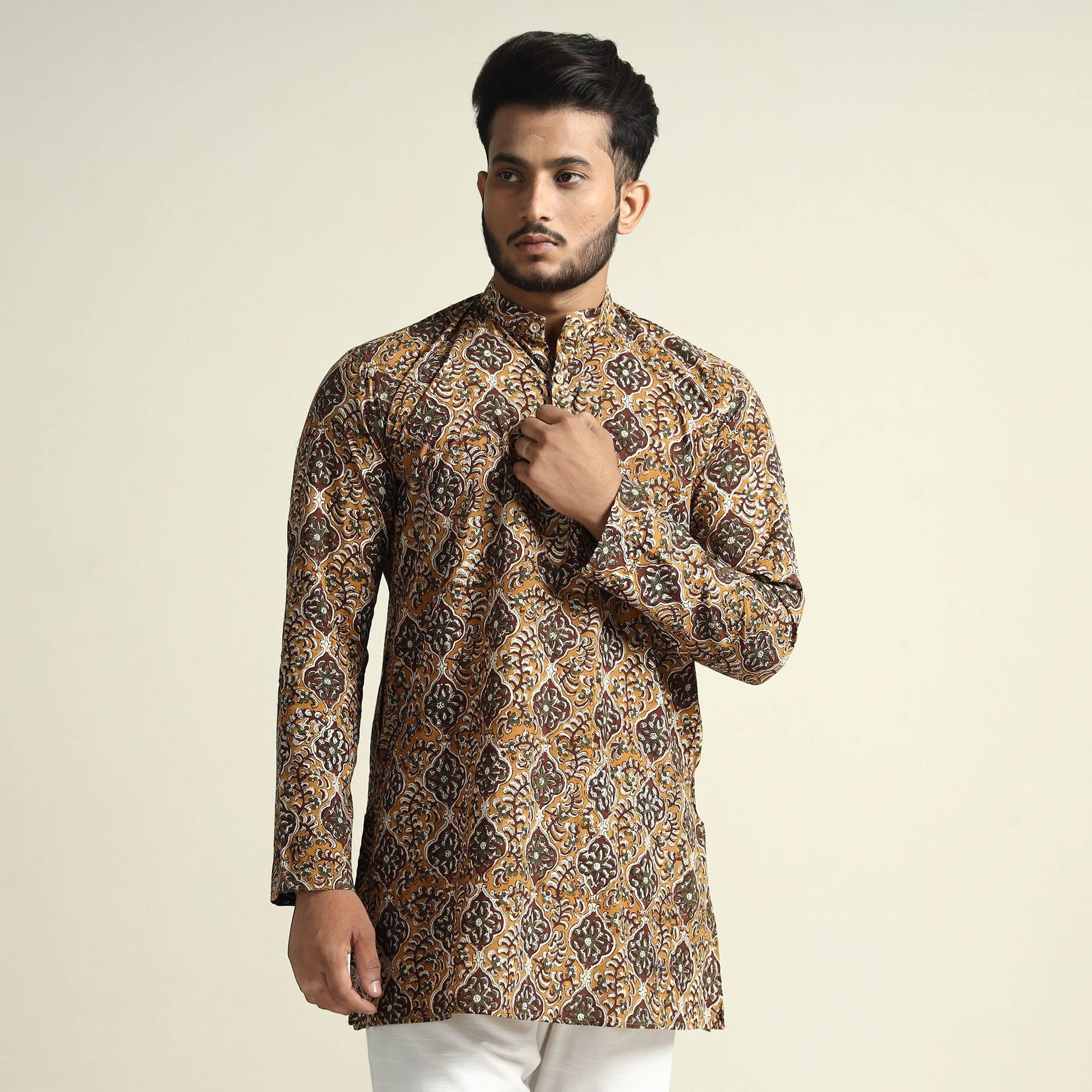 Brown - Bagru Block Printed Cotton Men Short Kurta