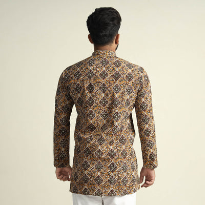 Brown - Bagru Block Printed Cotton Men Short Kurta