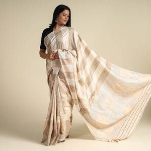 Beige - Bengal Kantha Hand Embroidery Handloom Katan Silk Saree 28