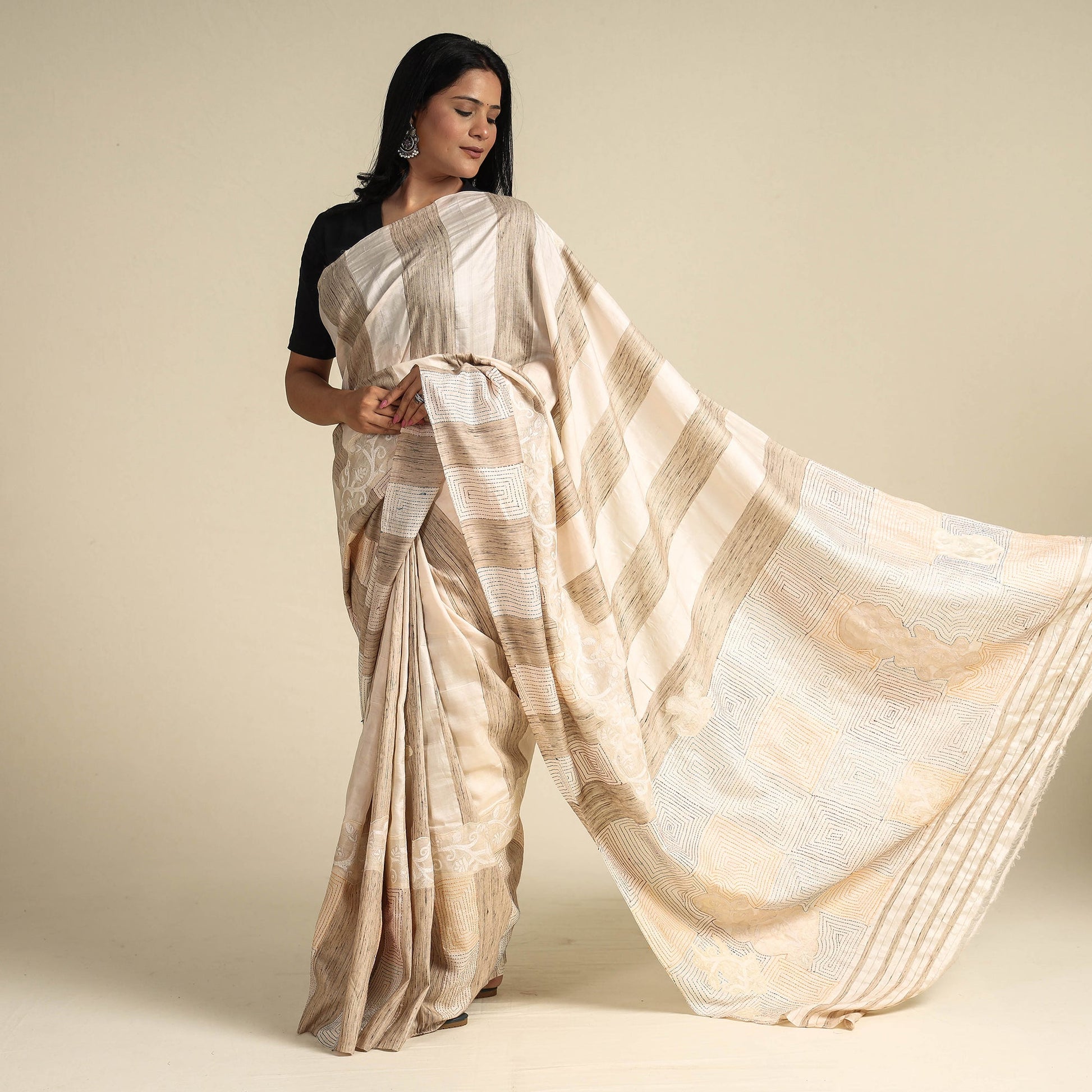 Beige - Bengal Kantha Hand Embroidery Handloom Katan Silk Saree 28