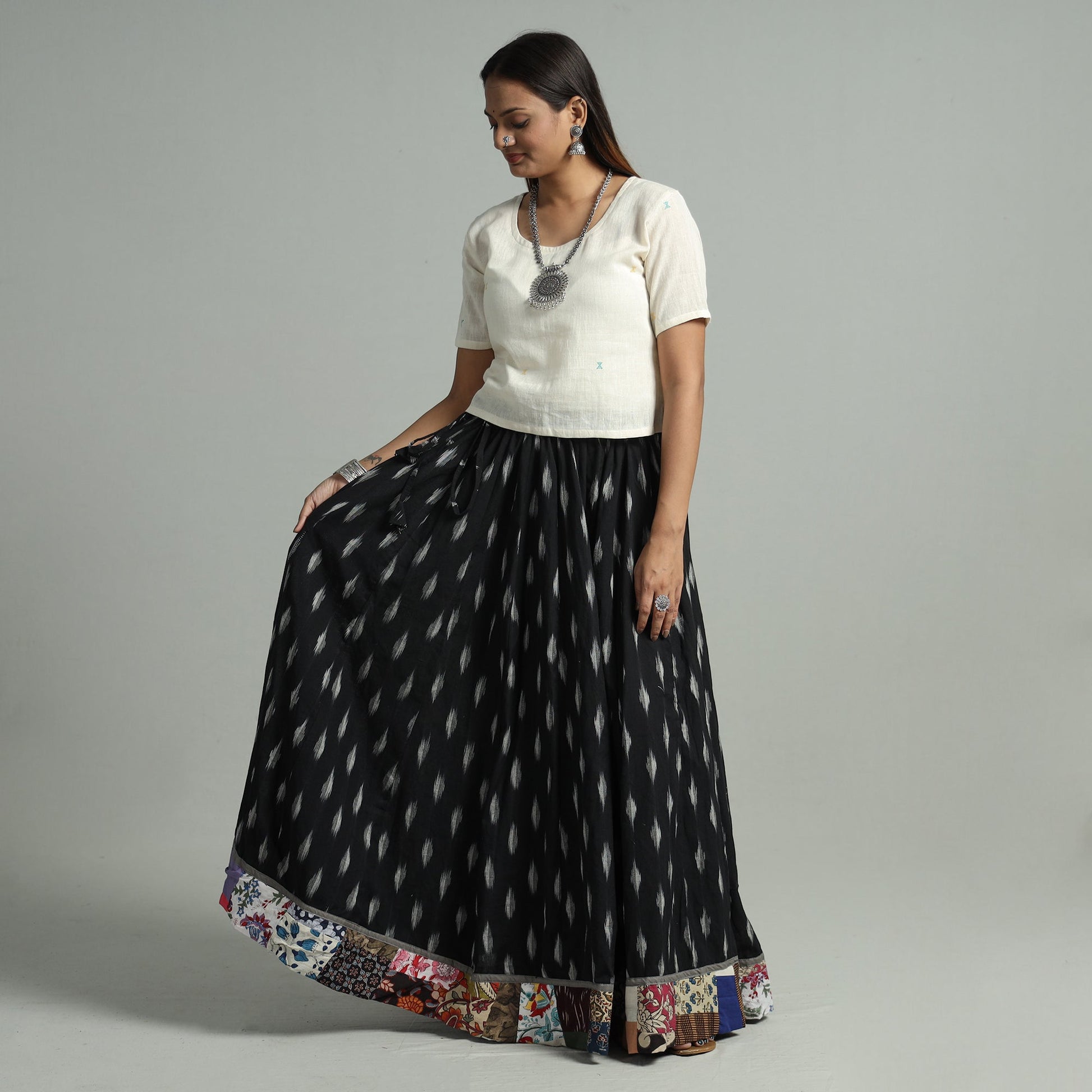 Black - 24 Kali Cotton Pochampally Ikat Skirt 06