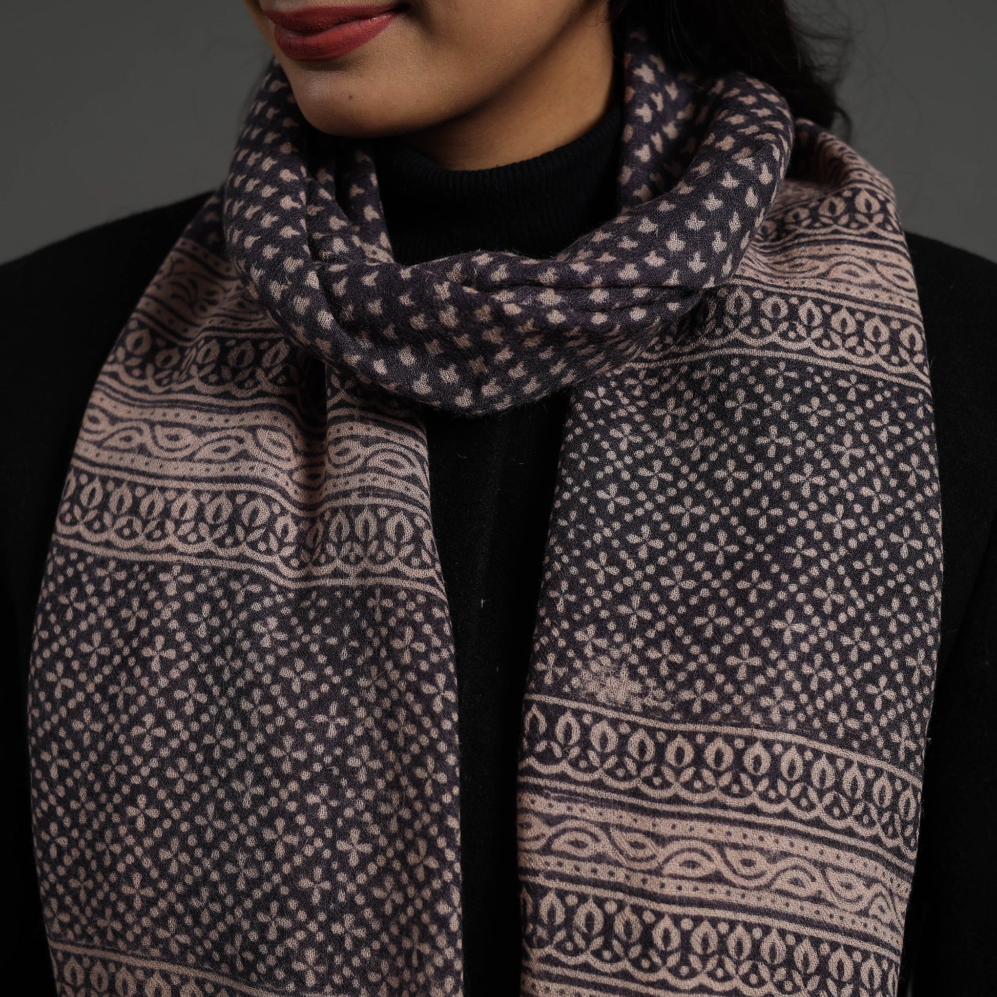 Black - Bagh Hand Block Printed Woollen Stole 04