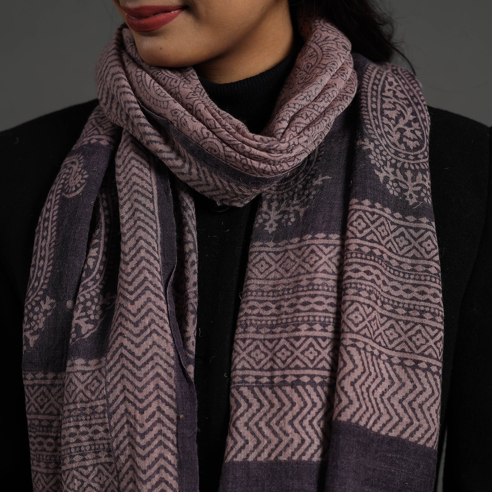 Black - Bagh Hand Block Printed Woollen Stole 05