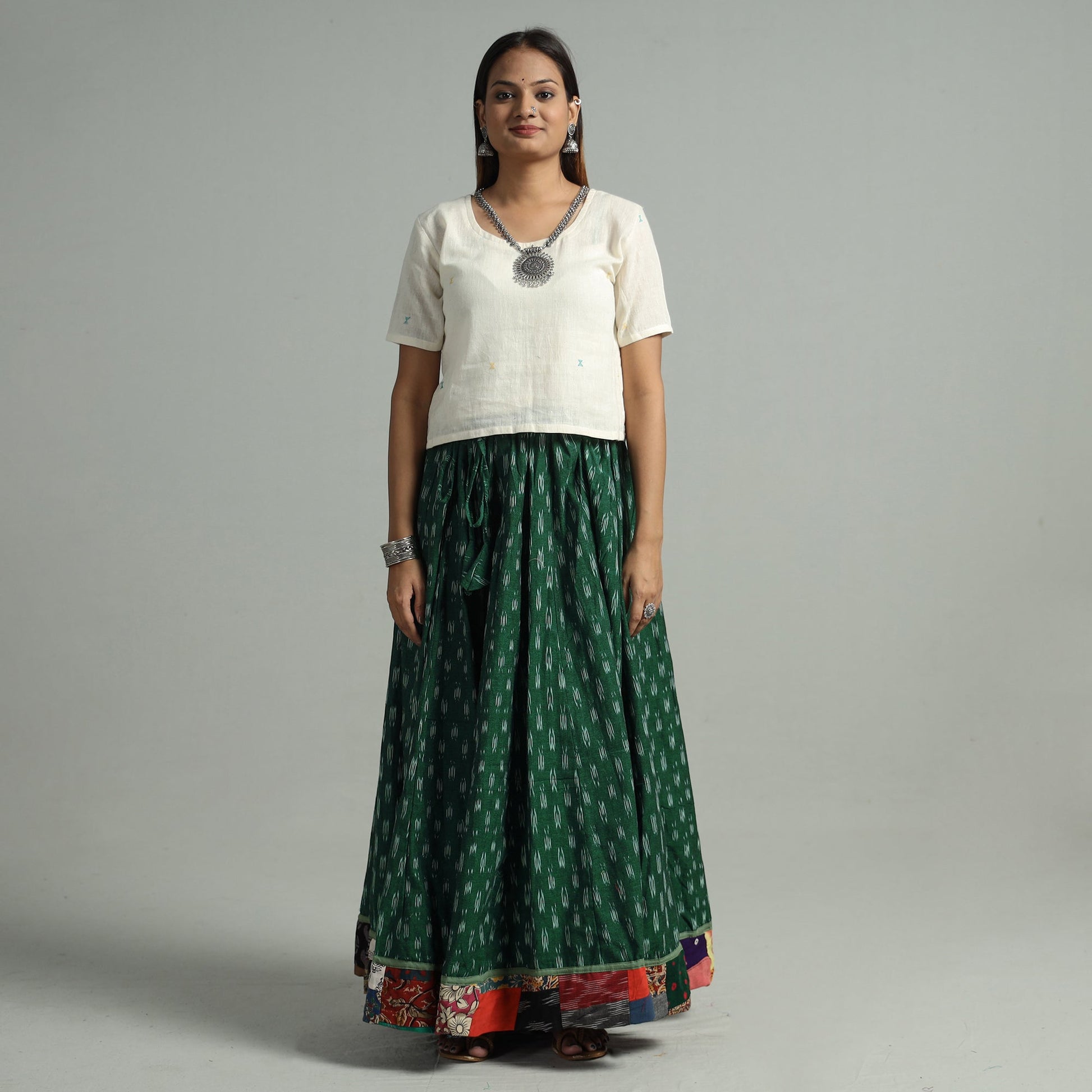 Green - 24 Kali Cotton Pochampally Ikat Skirt 09