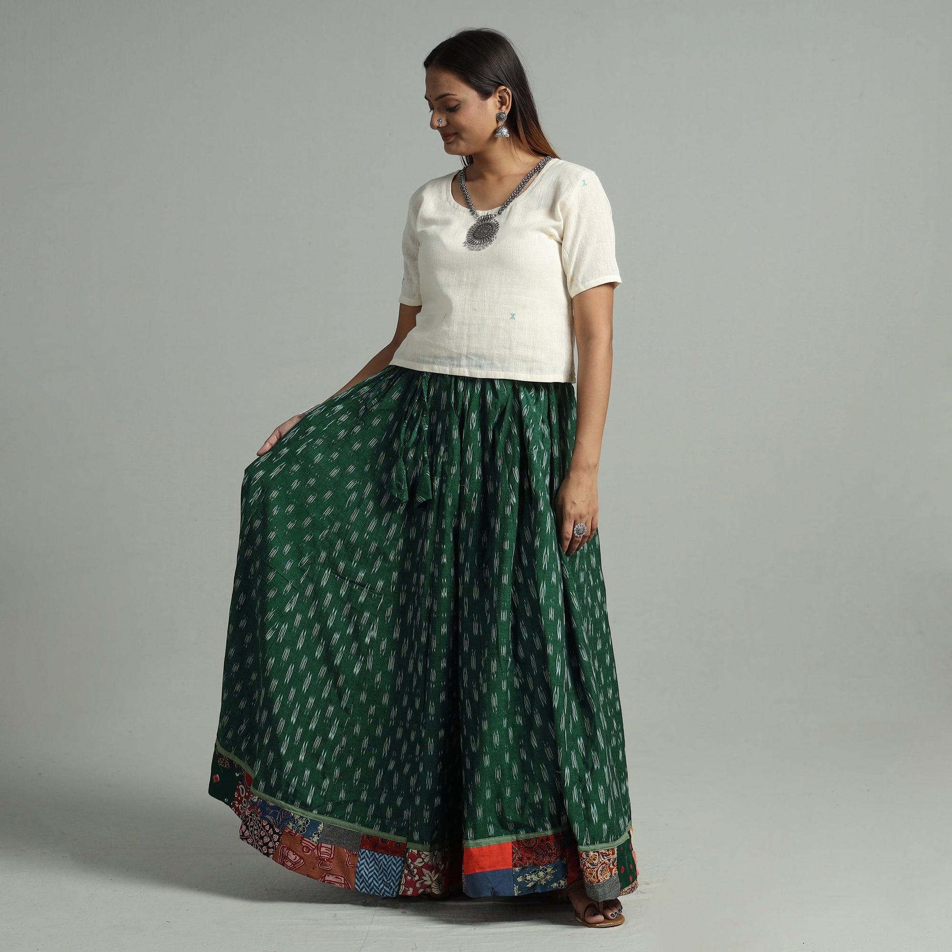 Green - 24 Kali Cotton Pochampally Ikat Skirt 09