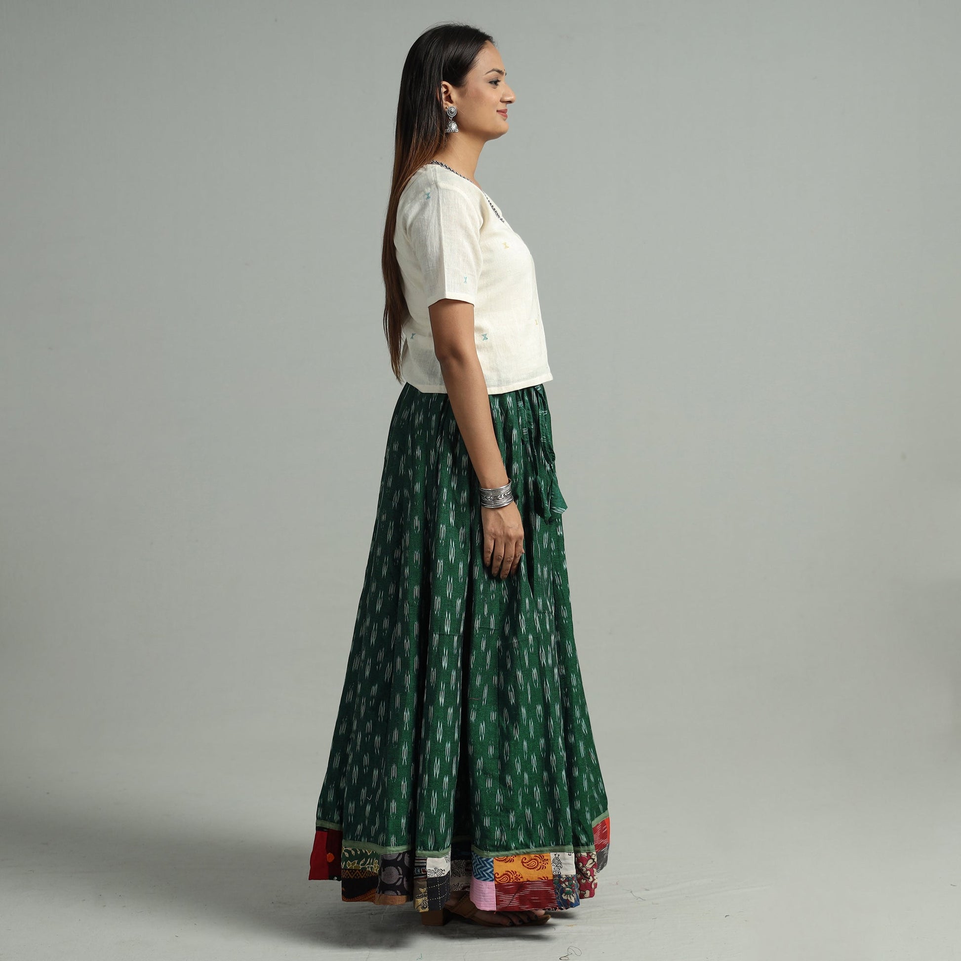 Green - 24 Kali Cotton Pochampally Ikat Skirt 09