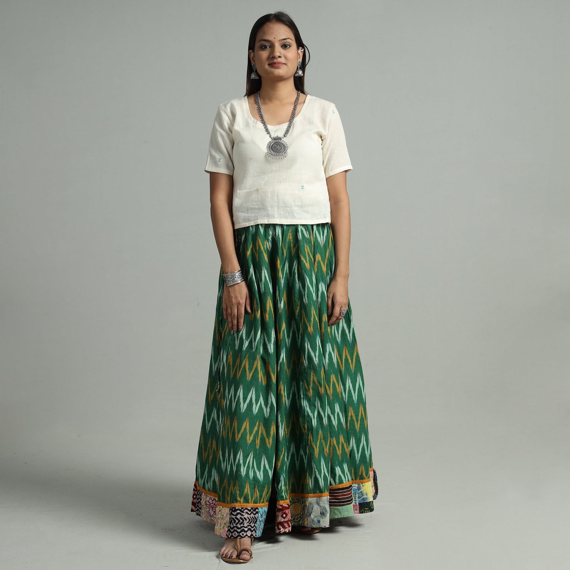 Green - 24 Kali Cotton Pochampally Ikat Skirt 11