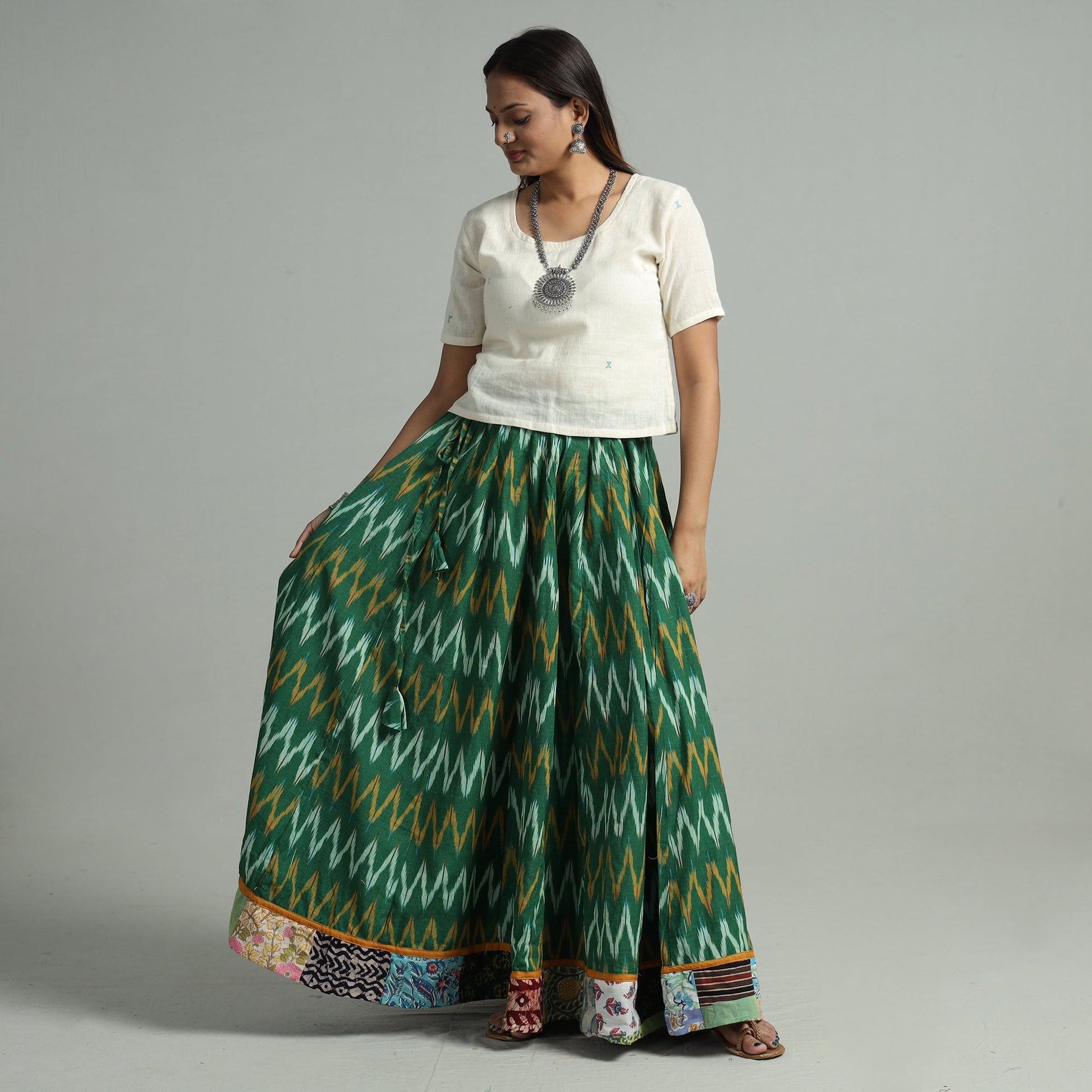 Green - 24 Kali Cotton Pochampally Ikat Skirt 11