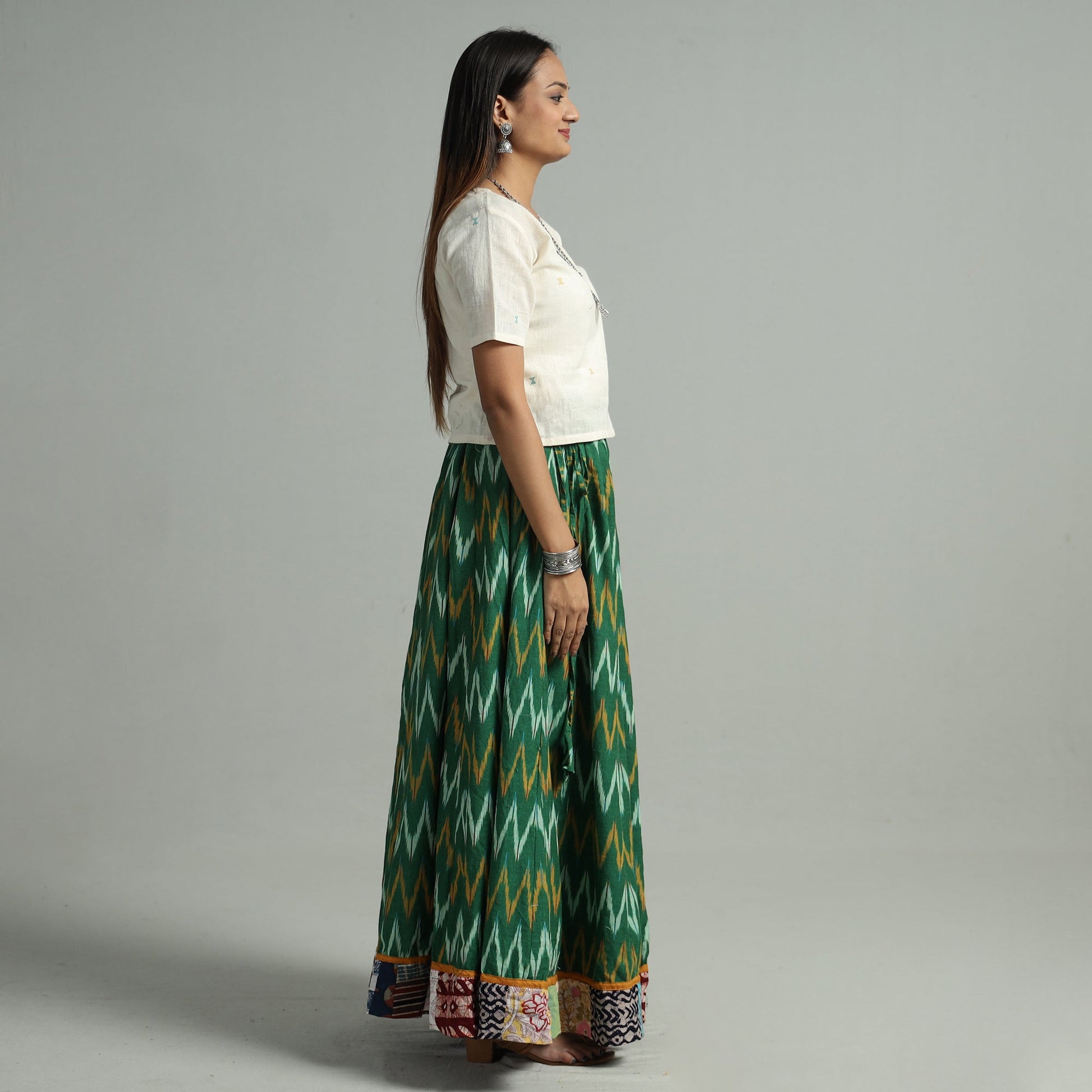Green - 24 Kali Cotton Pochampally Ikat Skirt 11
