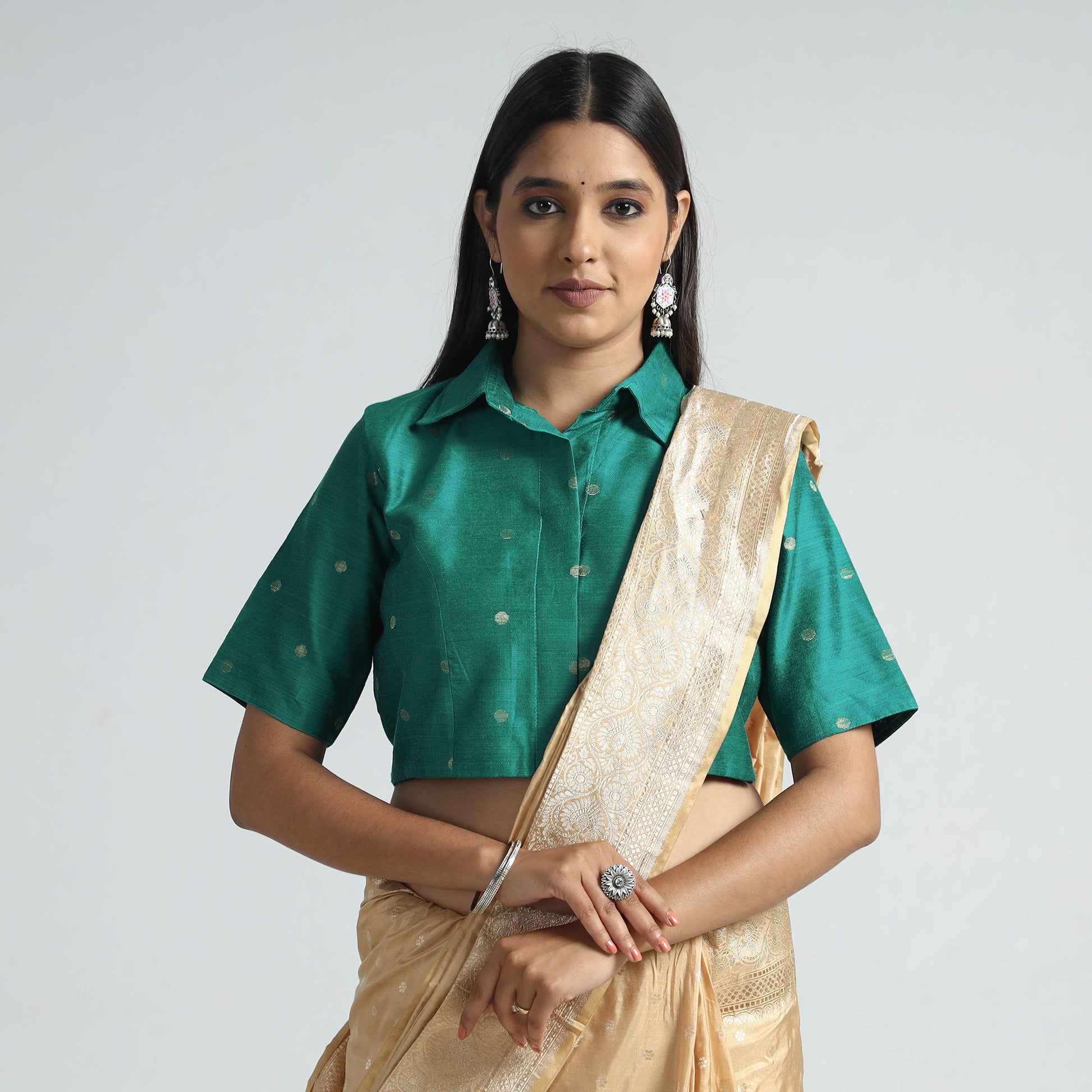Green - Polka Dot Zari Buti Viscose Silk Stitched Blouse