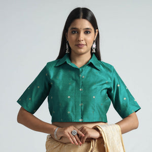Green - Polka Dot Zari Buti Viscose Silk Stitched Blouse