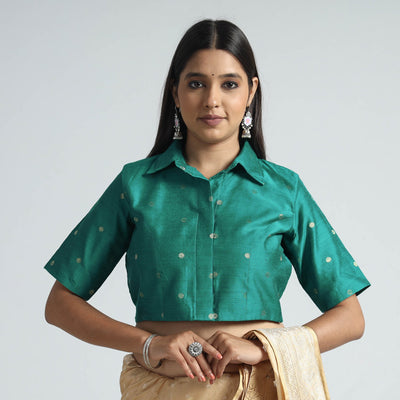 Green - Polka Dot Zari Buti Viscose Silk Stitched Blouse