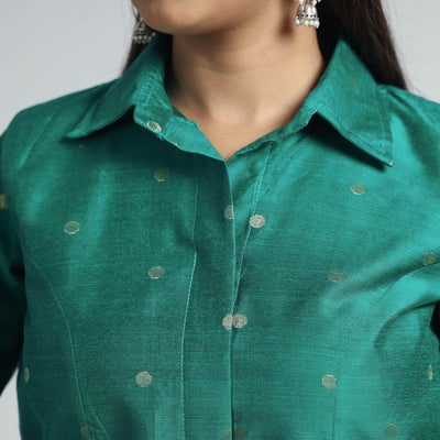 Green - Polka Dot Zari Buti Viscose Silk Stitched Blouse