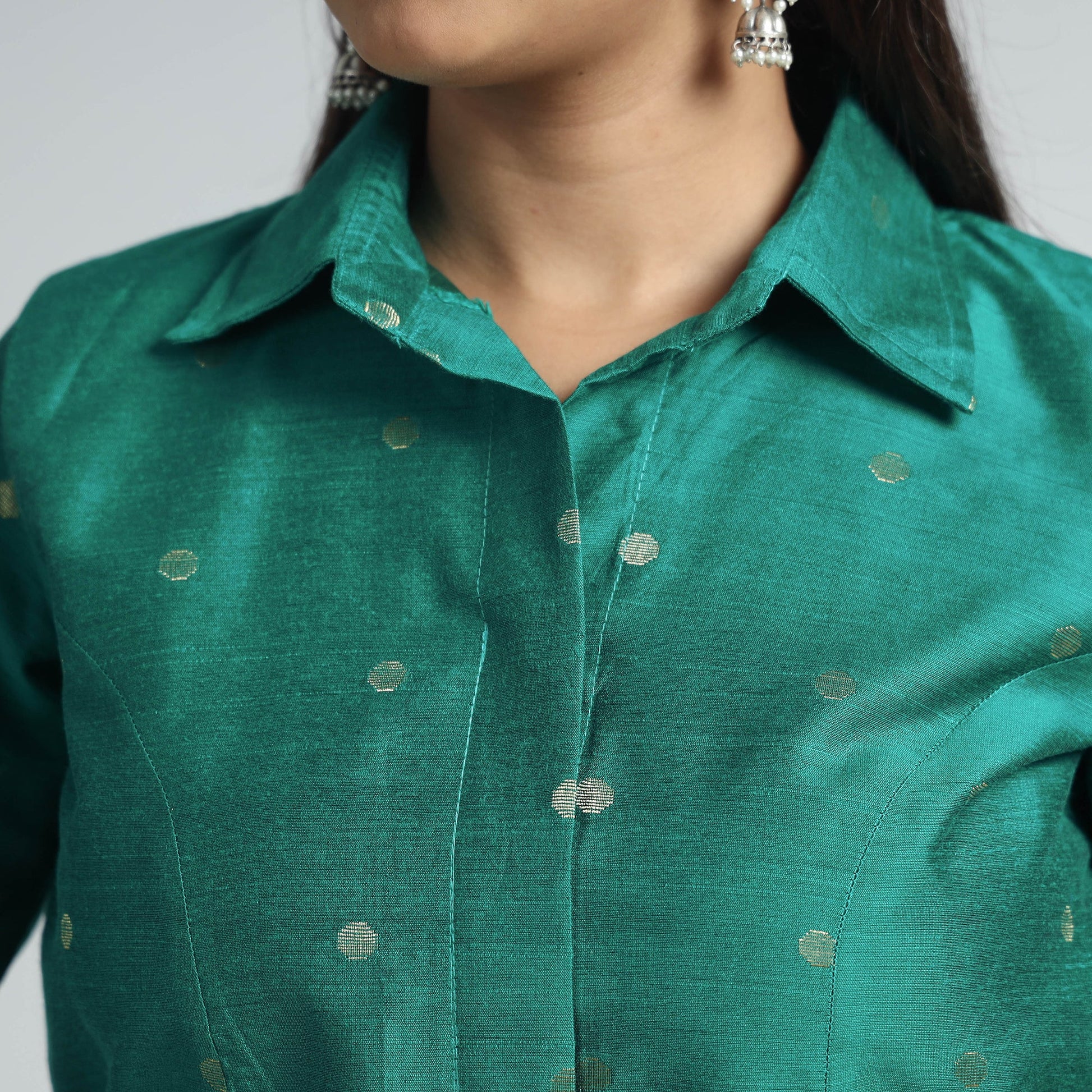 Green - Polka Dot Zari Buti Viscose Silk Stitched Blouse