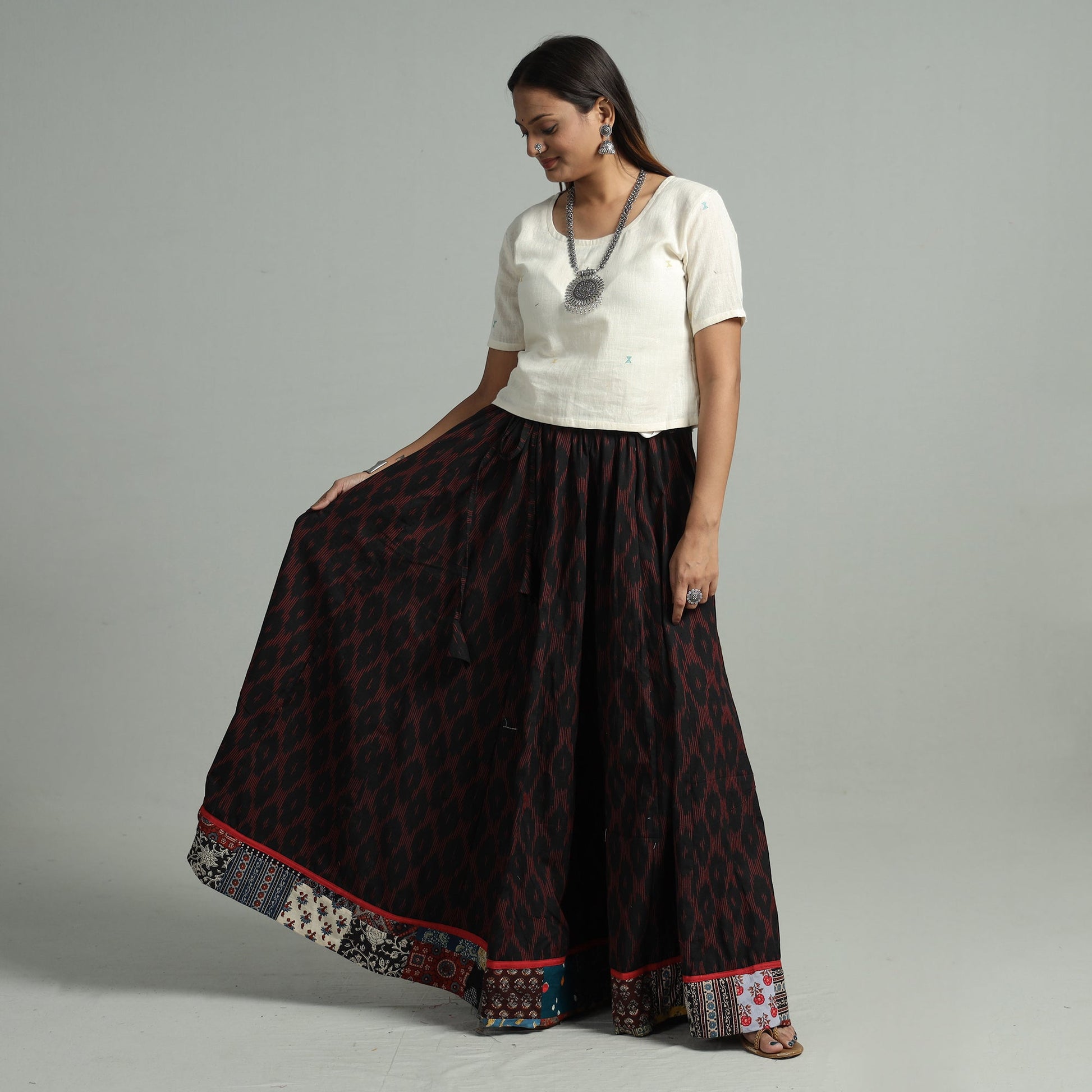 Black - 24 Kali Cotton Pochampally Ikat Skirt 15