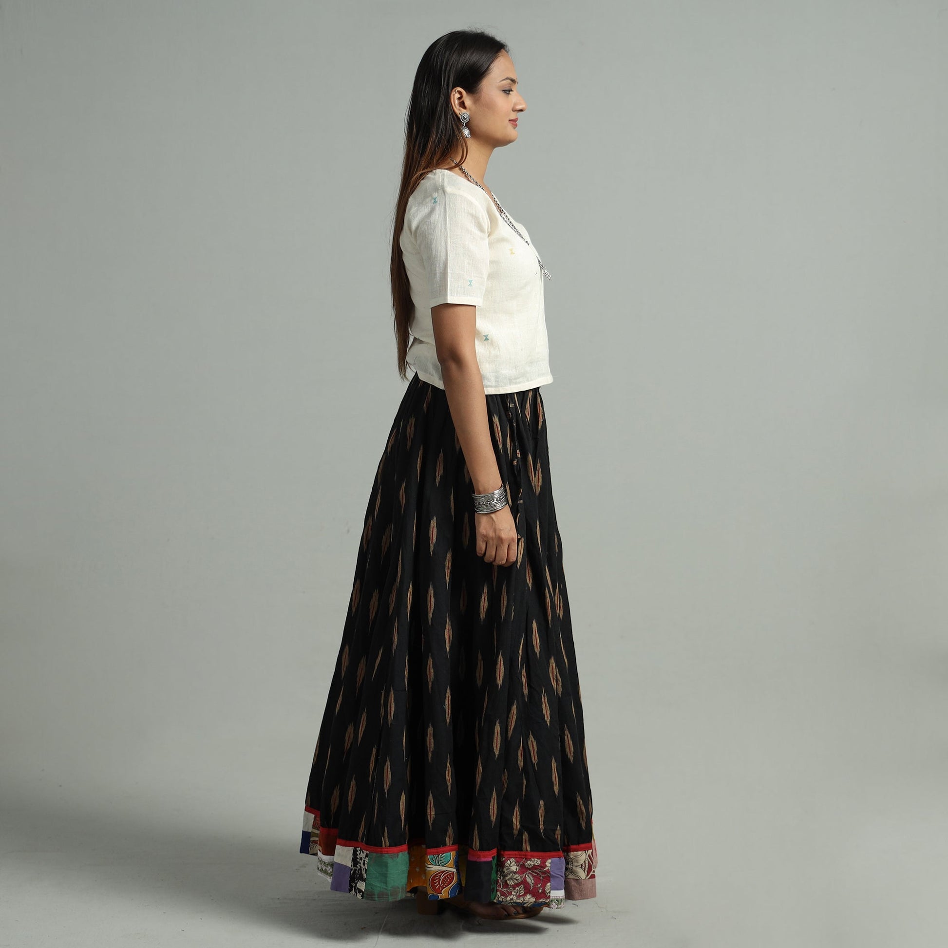 Black - 24 Kali Cotton Pochampally Ikat Skirt 16