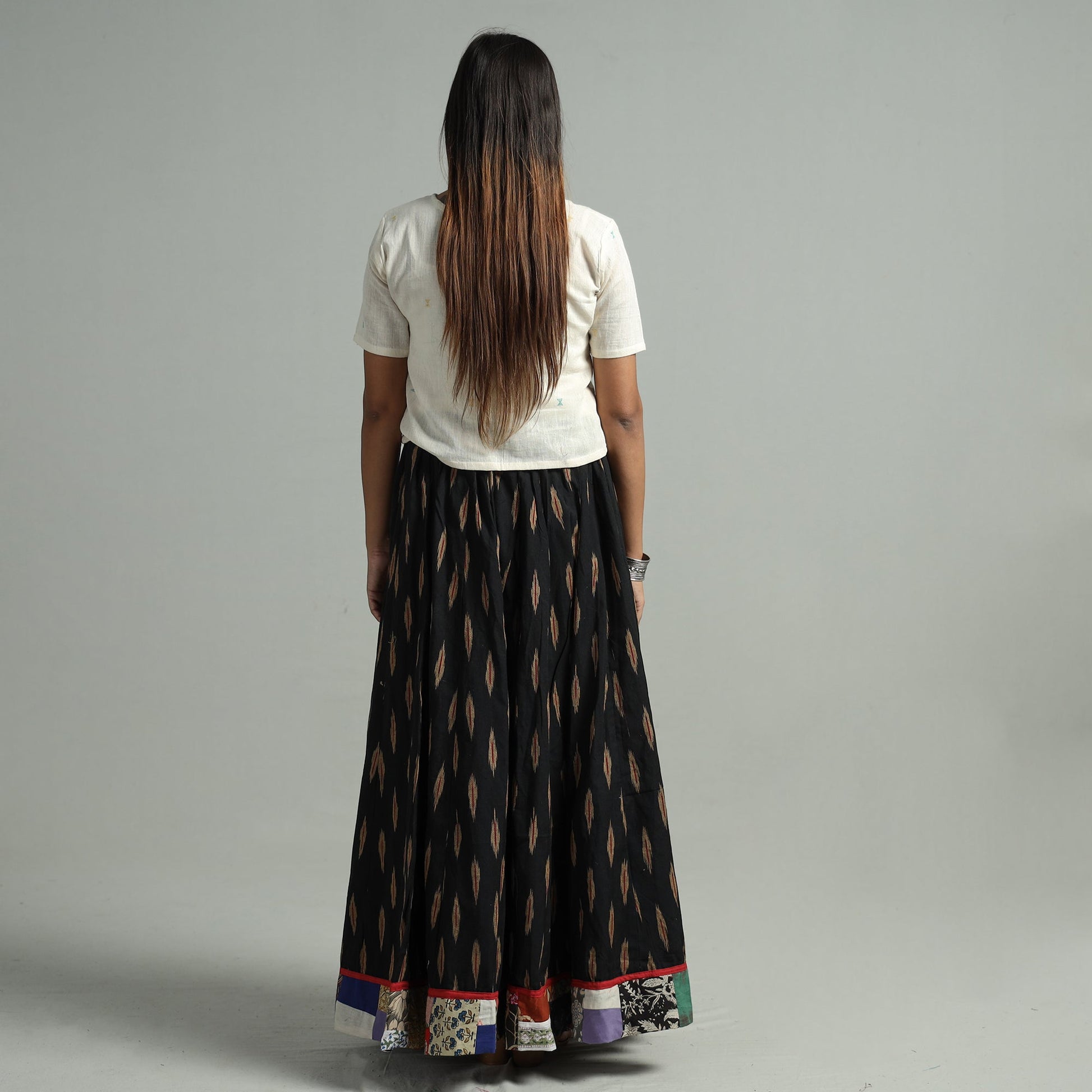 Black - 24 Kali Cotton Pochampally Ikat Skirt 16