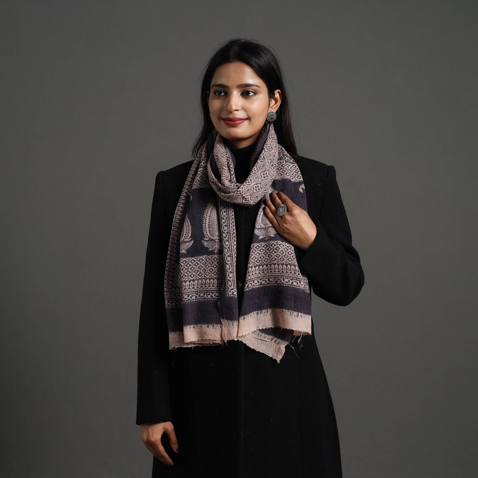 Black - Bagh Hand Block Printed Woollen Stole 17