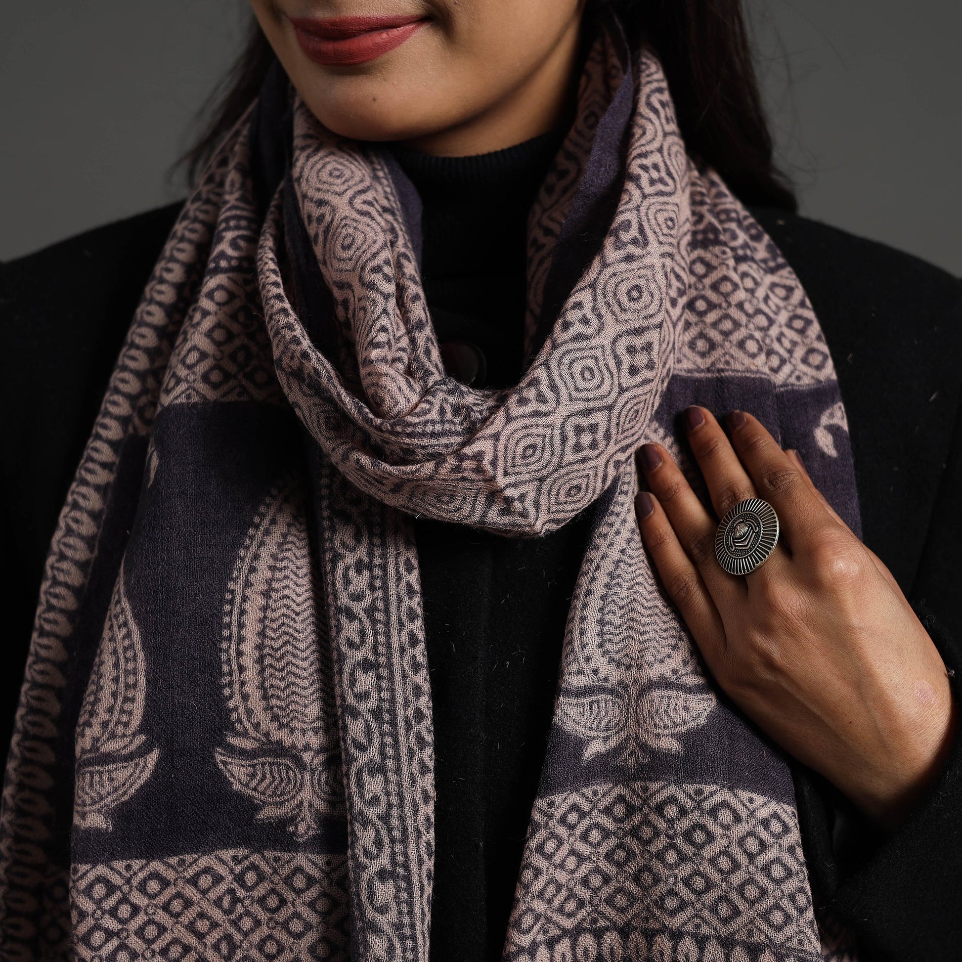 Black - Bagh Hand Block Printed Woollen Stole 17