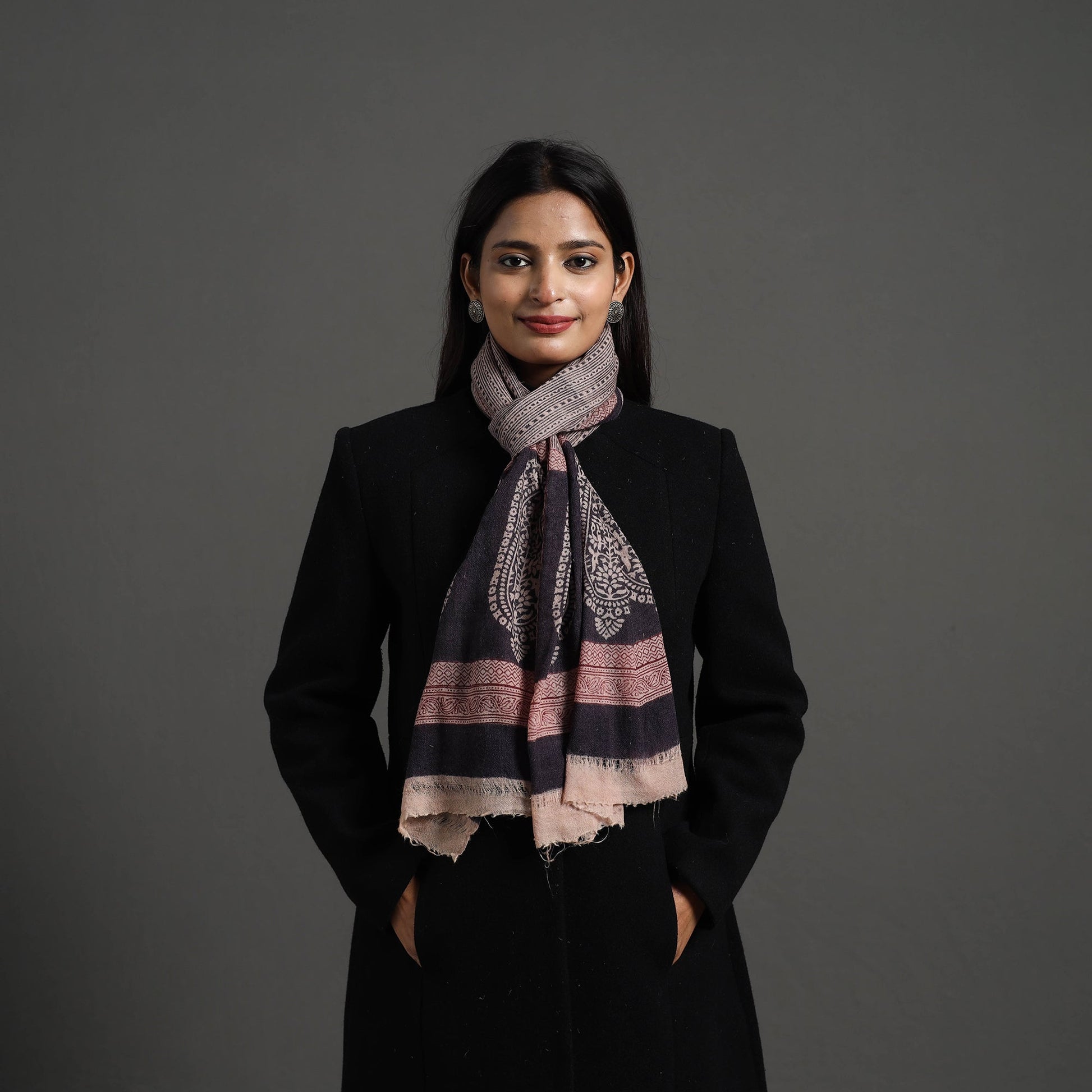 Black - Bagh Hand Block Printed Woollen Stole 20