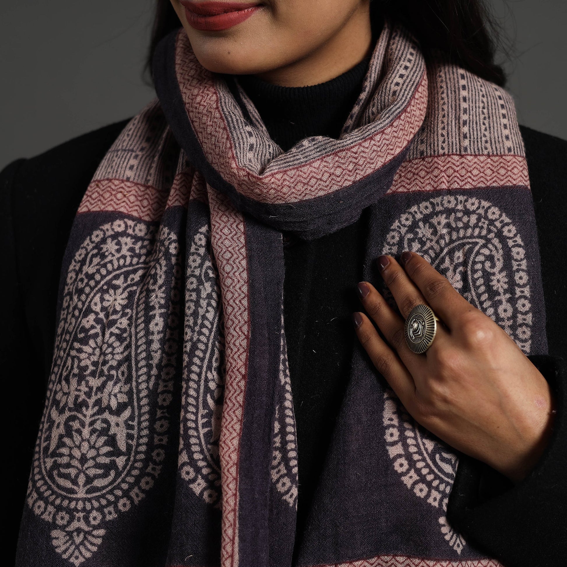 Black - Bagh Hand Block Printed Woollen Stole 20