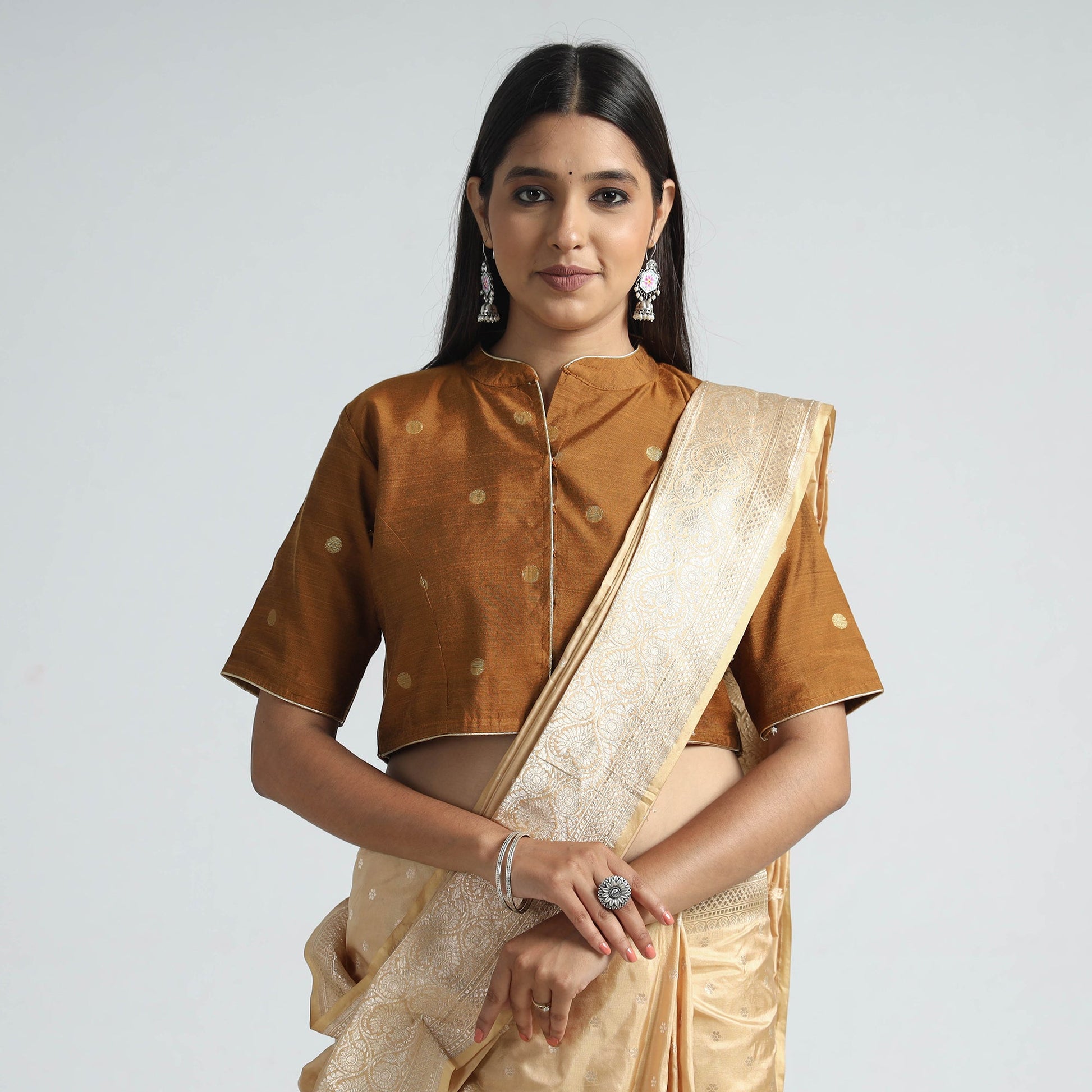 Brown - Polka Dot Zari Buti Viscose Silk Stitched Blouse